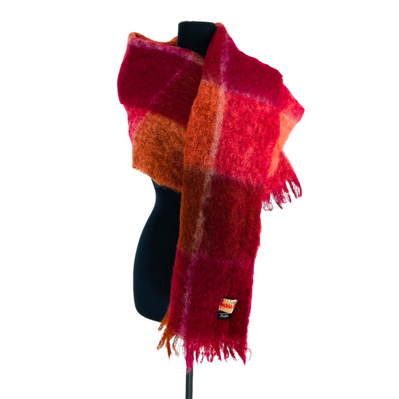 Dayton's Accessories - Vtg Dayton's Made in Scotland All Mohair Pile Red Orange Plaid Scarf w/ Fringe